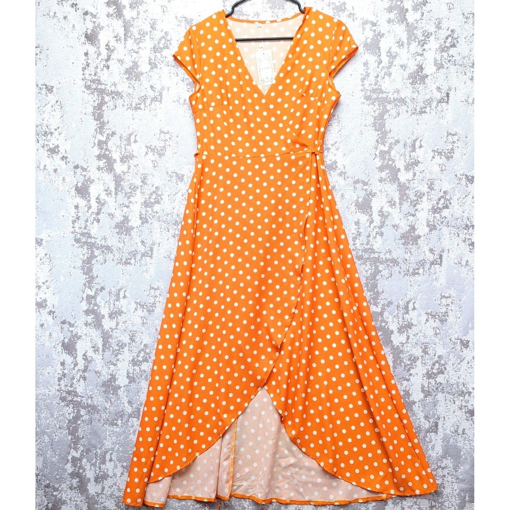 LIVAGIRL Orange Polka Dot High-Low Wrap Dress Small V-Neck Short Sleeve New